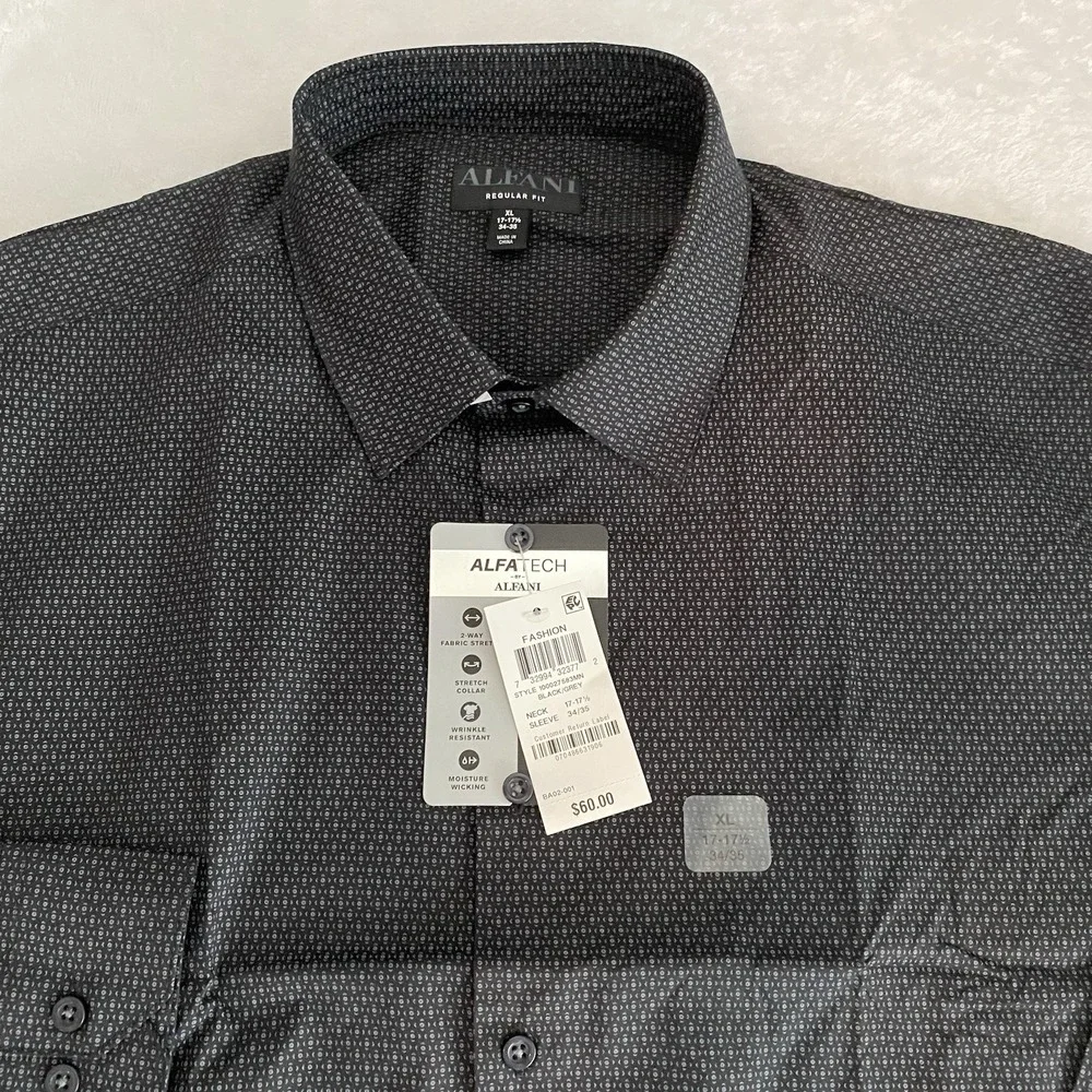 ALFANI Dress Shirt Mens 17-17.5/34-35 Black Geometric Regular Fit Stretch NWT!